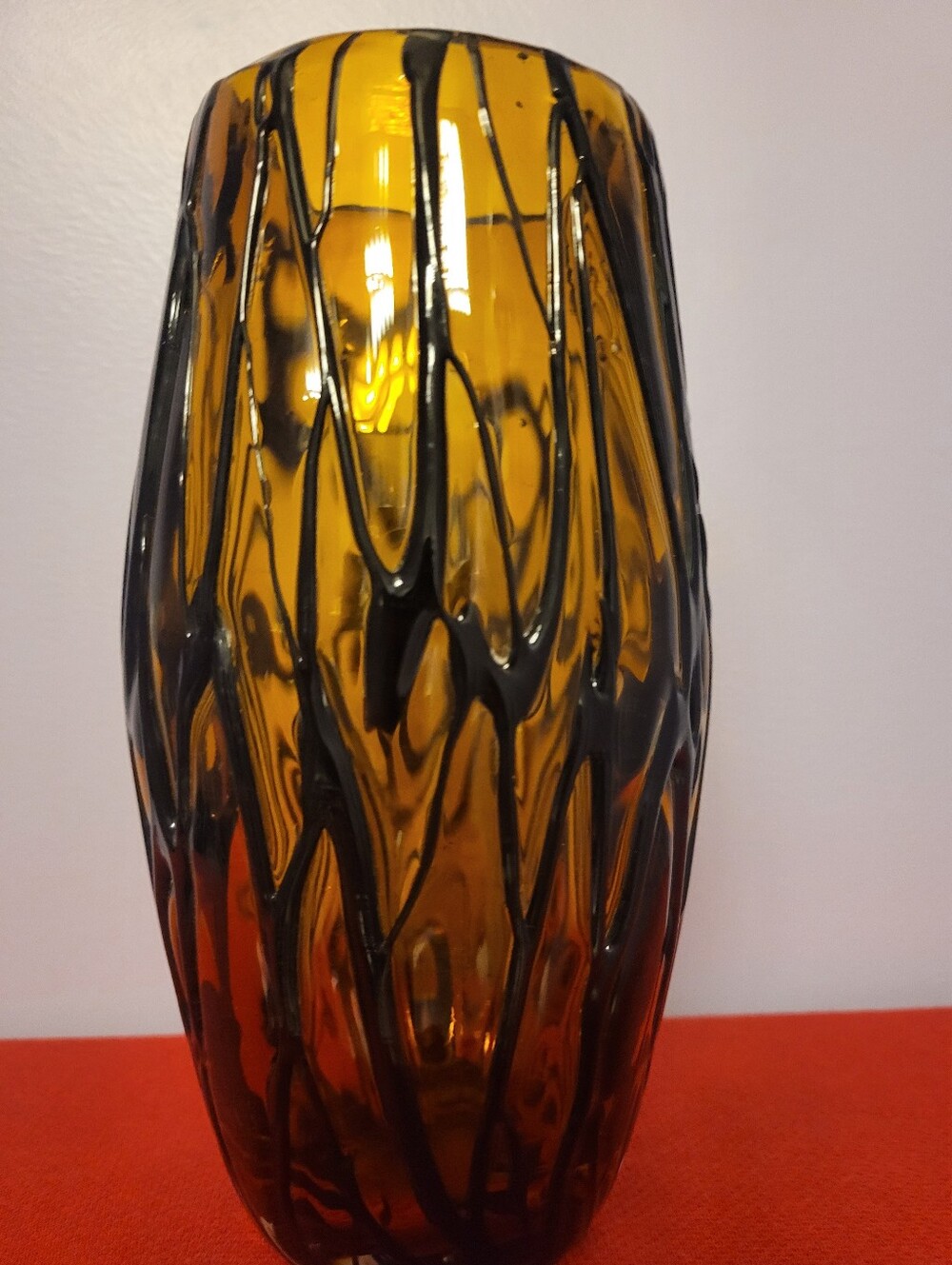 Murano 8.5 × 3 In. Amber Glass Decorative Vase with Black Drip Overlay -